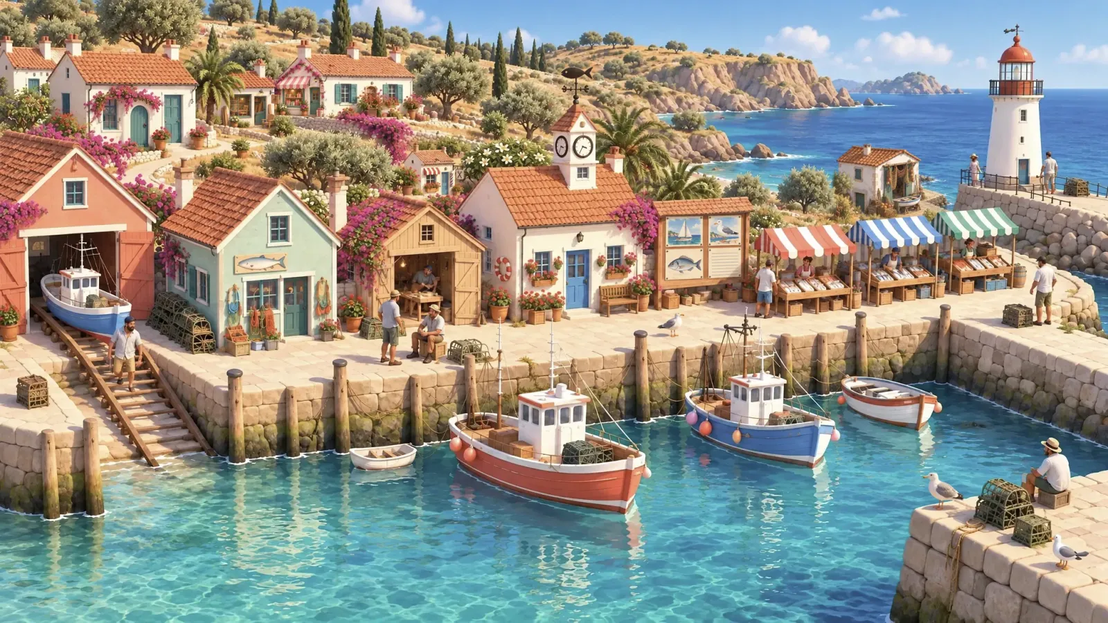 Fathom Fishing's harbour town: a sunny port with fishing boats, market stalls and a lighthouse