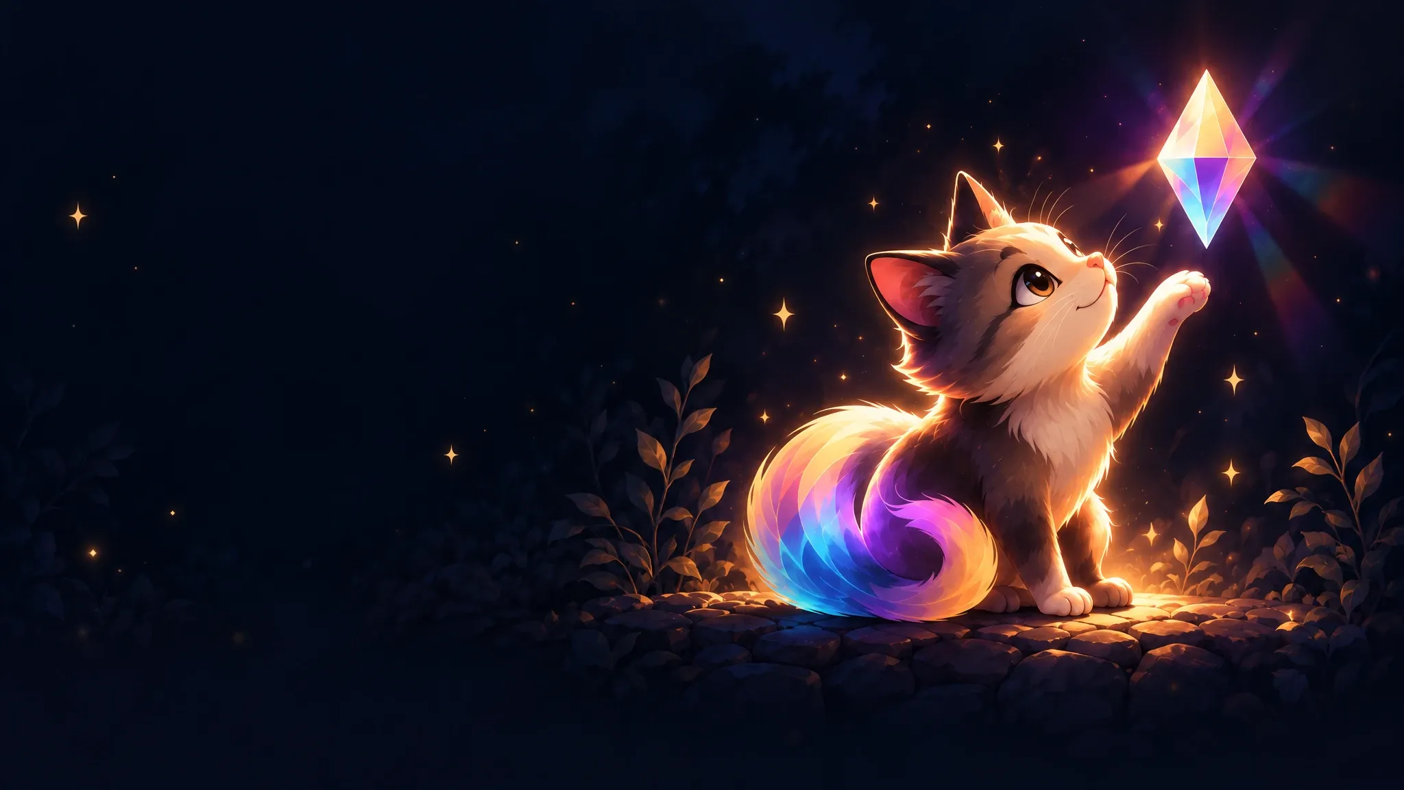 A kitten with a rainbow tail reaching up to a glowing prism crystal