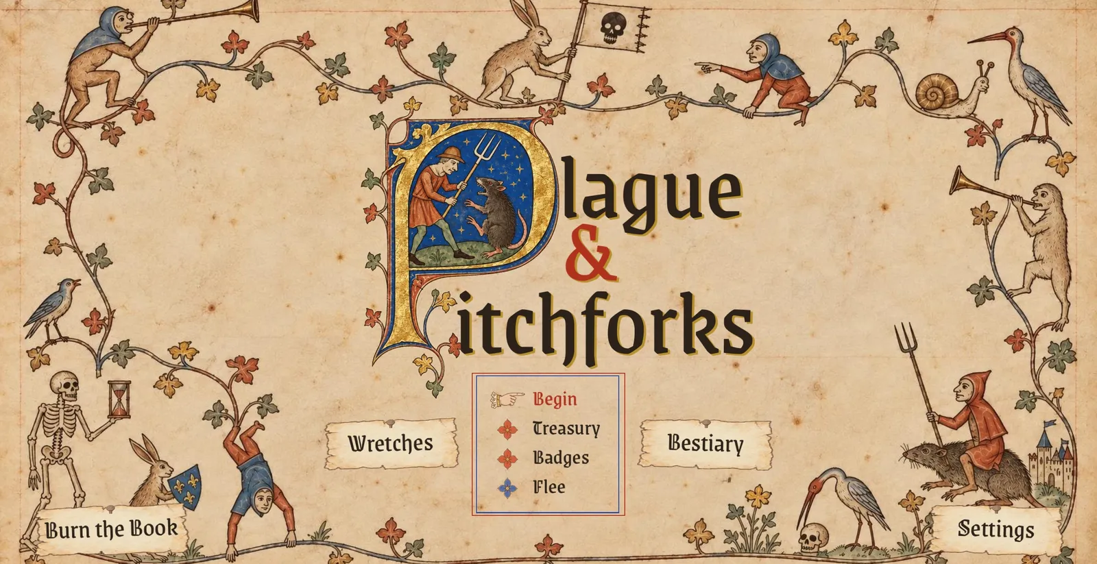 The title screen of Plague & Pitchforks: an illuminated letter P with a peasant fighting a rat, in a border of medieval marginalia